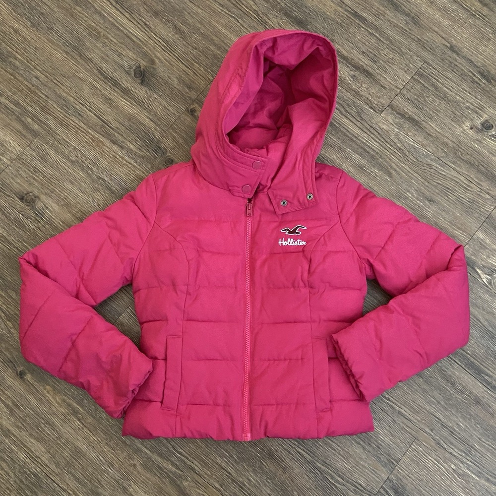 Hollister Hooded Pink Embroidered Sherpa Lined Puffer Coat Jacket Size XS - Picture 1 of 8
